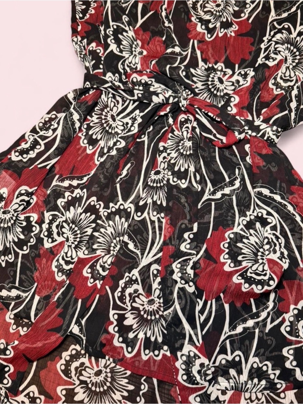 Y2K Sheer Floral Babydoll Top Flutter Sleeve Tie Waist Blouse Small - Picture 6 of 8